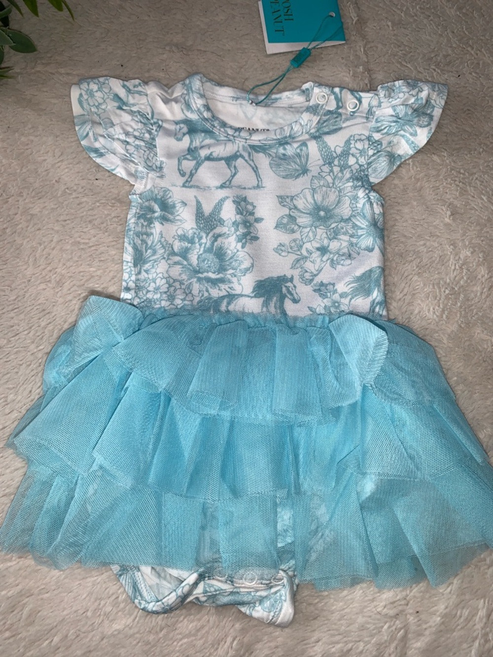 NWT Posh Peanut Charlotte Anne Tulle Skirt Bodysuit Dress 6-12M Blue Horses - Picture 4 of 8